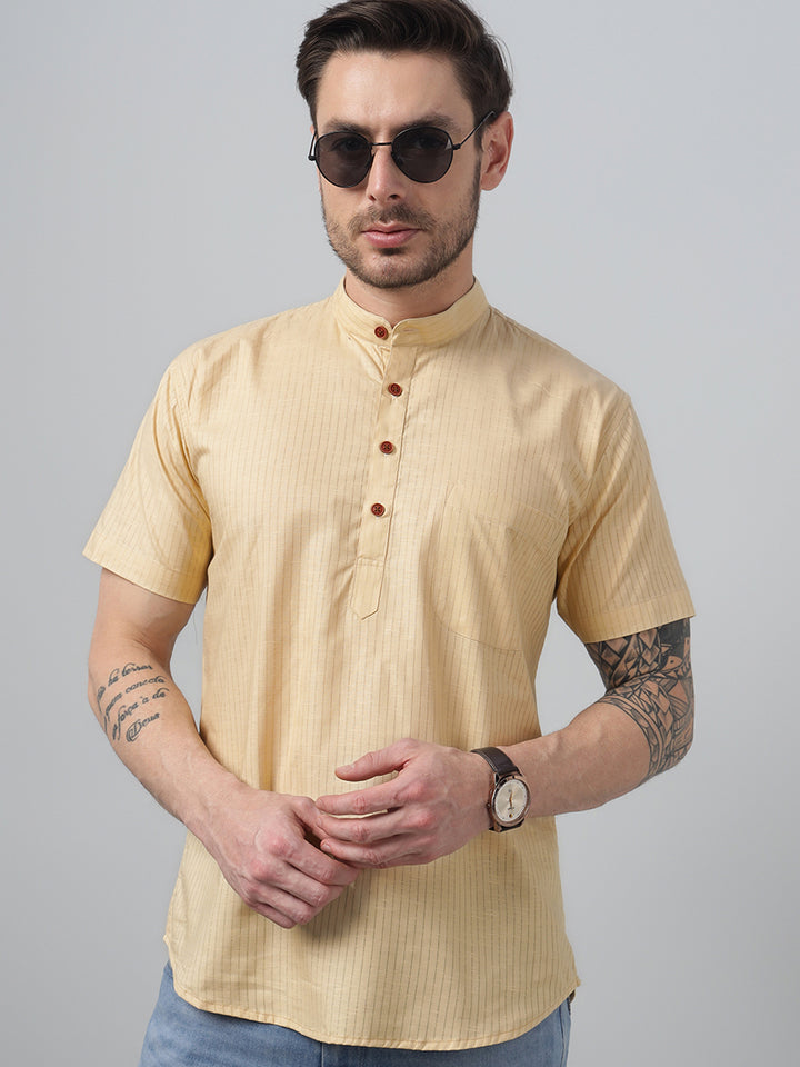 Hancock Men Yellow Stripe Mandarin Collar Slim Fit Casual Kurta