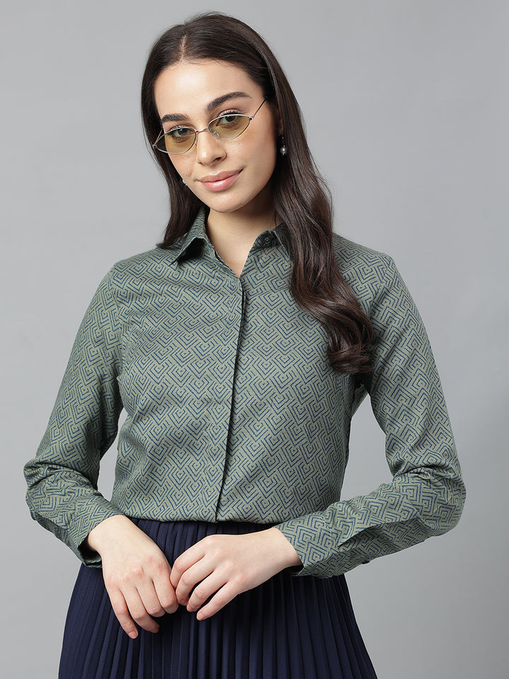 Women Green &Navy  Prints Pure Cotton Regular Fit Formal Shirt