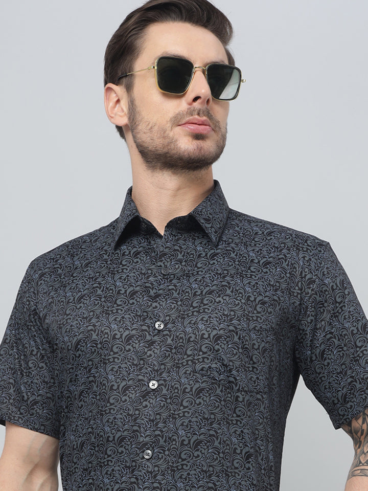 Hancock Men Black Print Spread Collar Slim Fit Formal Shirt
