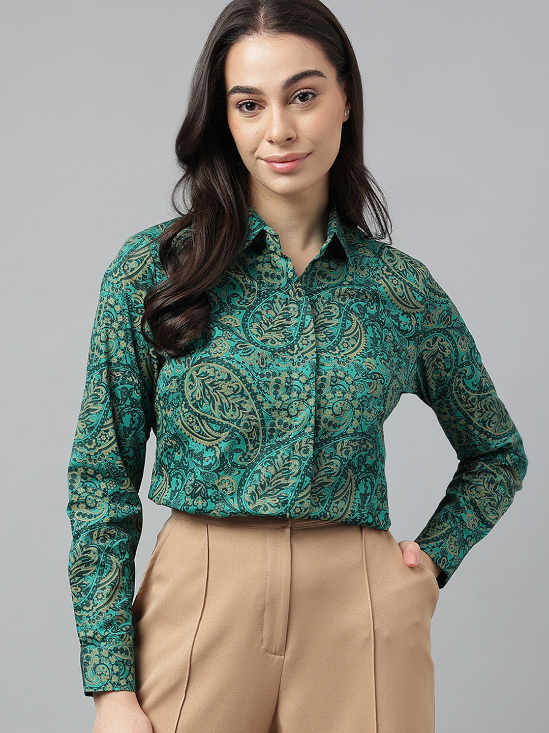 Women Green & Beige Prints Pure Cotton Regular Fit Formal Shirt