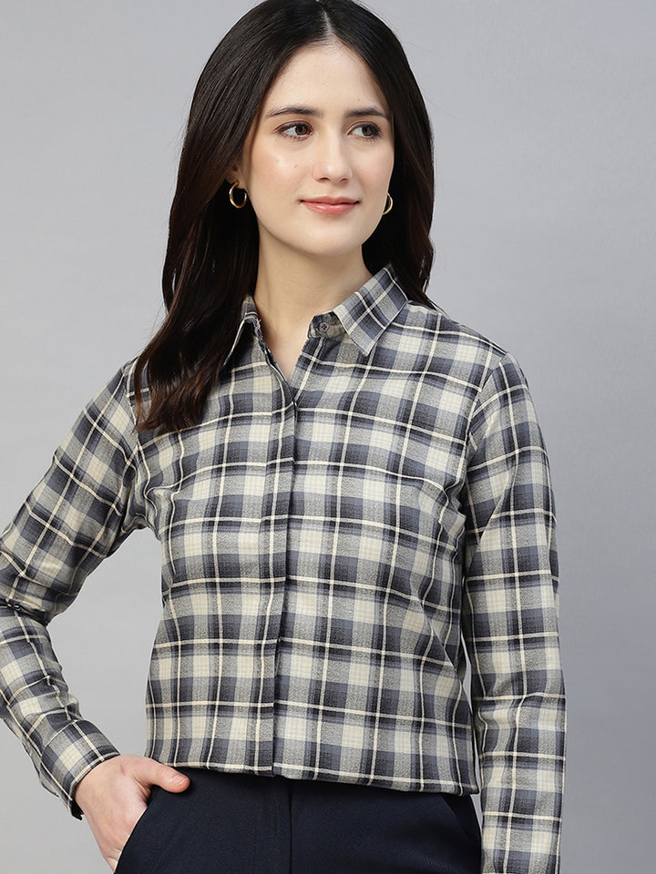 Hancock Women Beige & Navy Blue Check Pure Cotton Regular Fit Formal Shirt