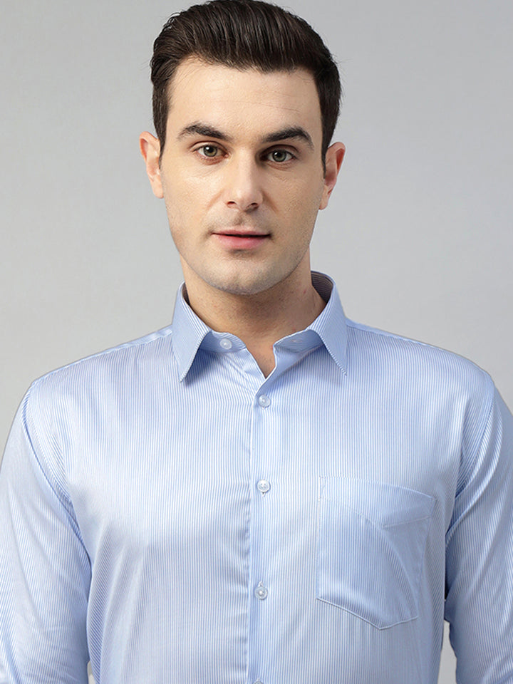 Hancock Men White & Blue Stripe Pure Cotton Slim Fit Formal Shirt