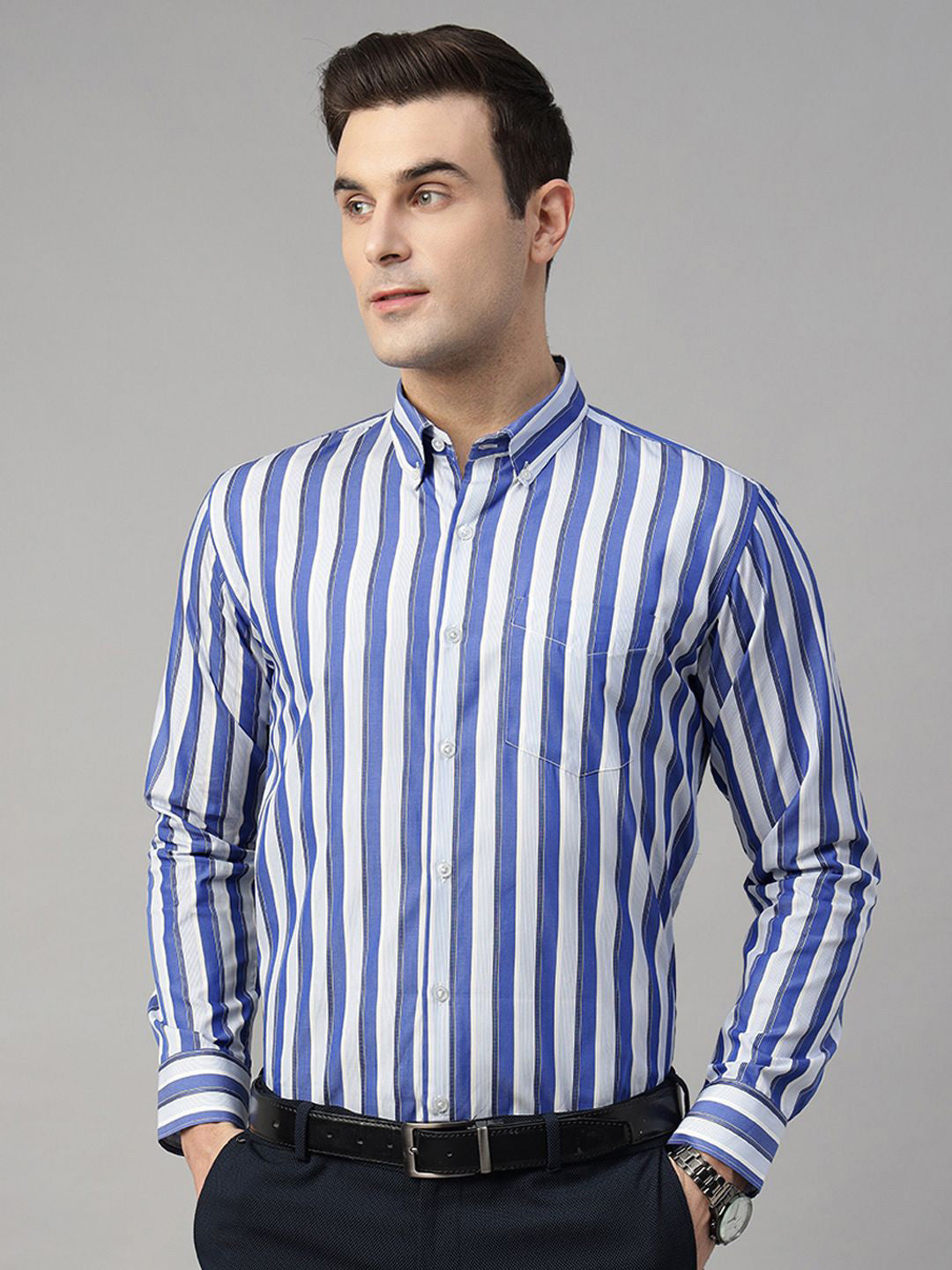 Hancock Men Blue & White Striped Pure Cotton Slim Fit Formal Shirt