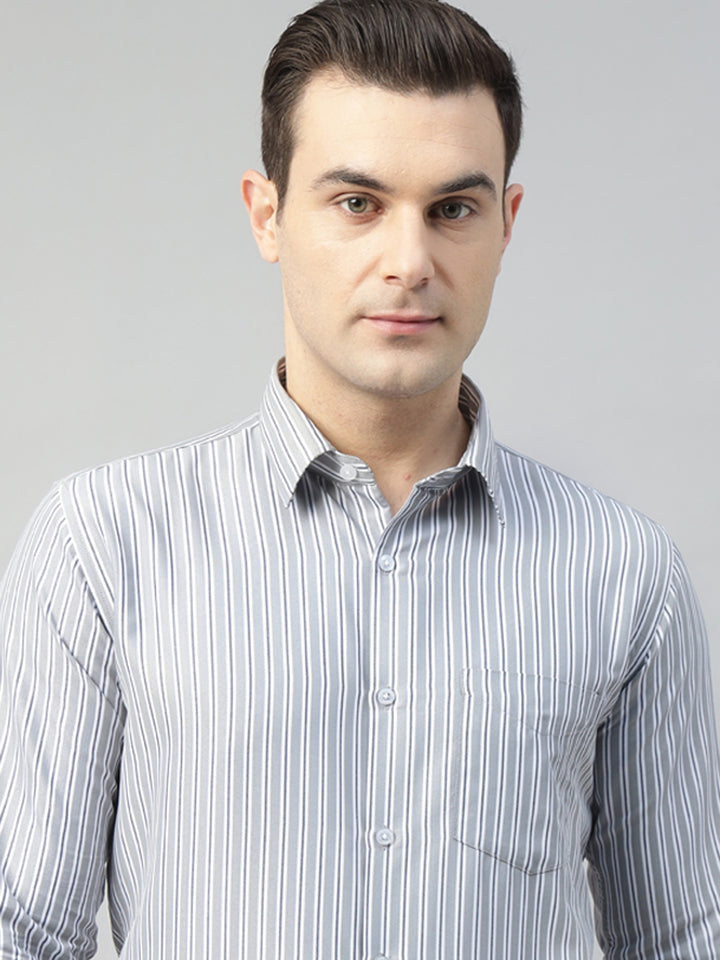 Hancock Men Grey & White Stripe Pure Cotton Slim Fit Formal Shirt