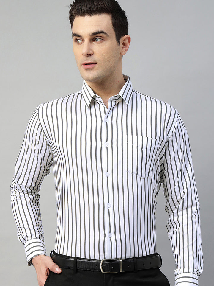 Hancock Men White & Black Stripe Polyester Slim Fit Formal Shirt
