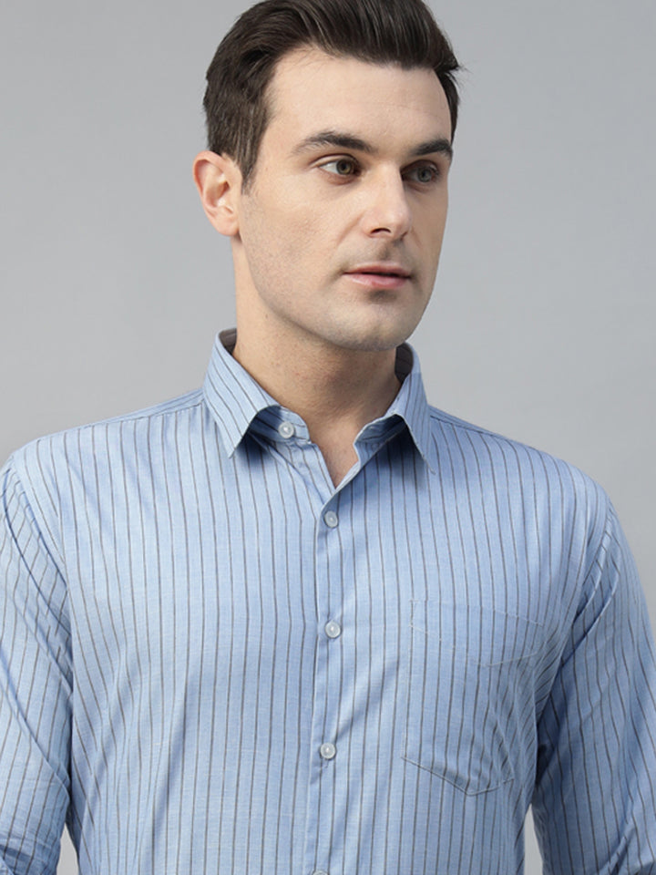 Hancock Men Blue Stripe Pure Cotton Slim Fit Formal Shirt