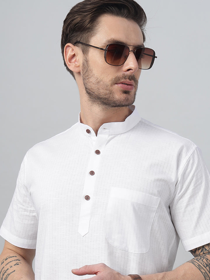 Hancock Men White Stripe Mandarin Collar Slim Fit Casual Kurta