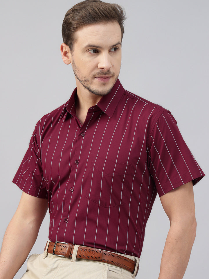 Men Maroon Striped Pure Cotton Slim Fit Short Sleeve Formal Shirt