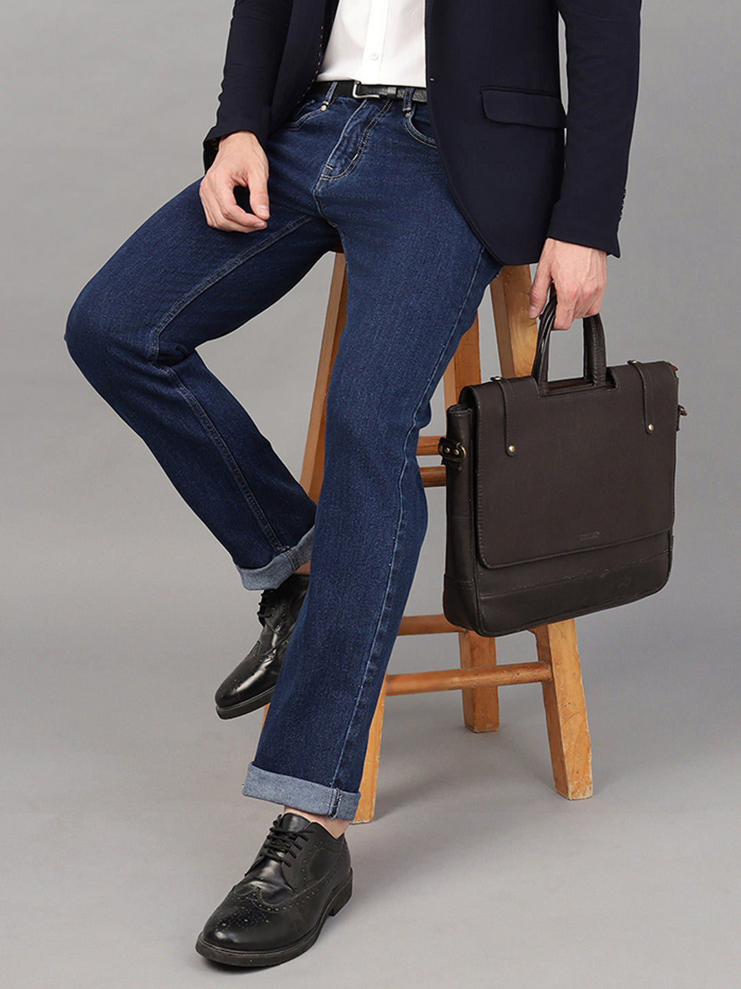 Hancock Men Dark Blue Solid Cotton Elastene Relaxed Fit Casual Pants Jeans