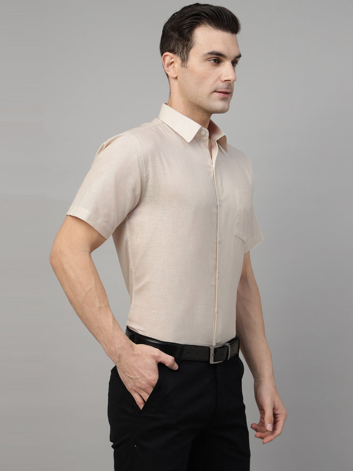 Men Beige Solid Linen & Cotton Blend Slim Fit Formal Shirt