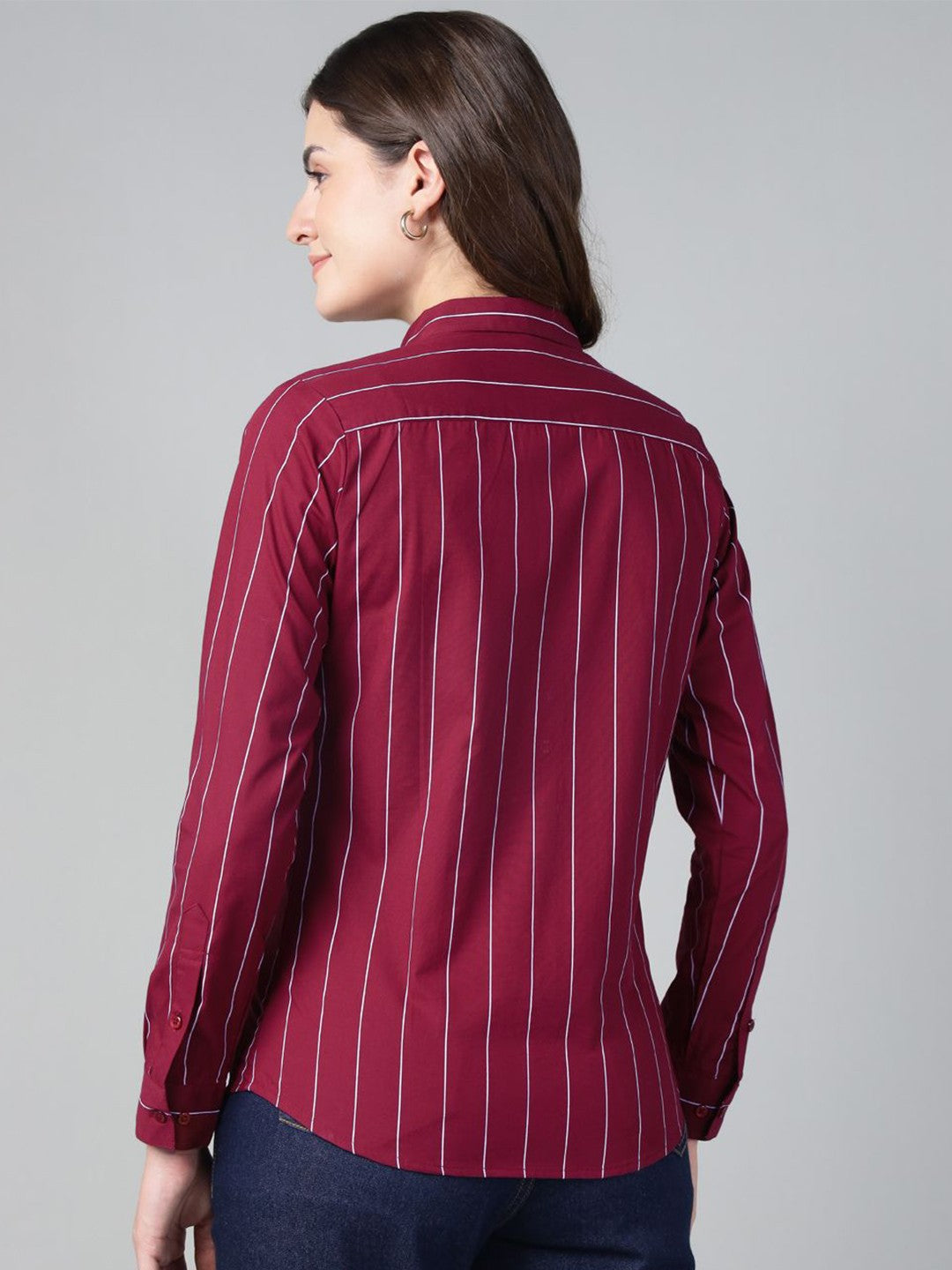 Hancock Women Maroon Stripe Pure Cotton Slim Fit Casual Shirt