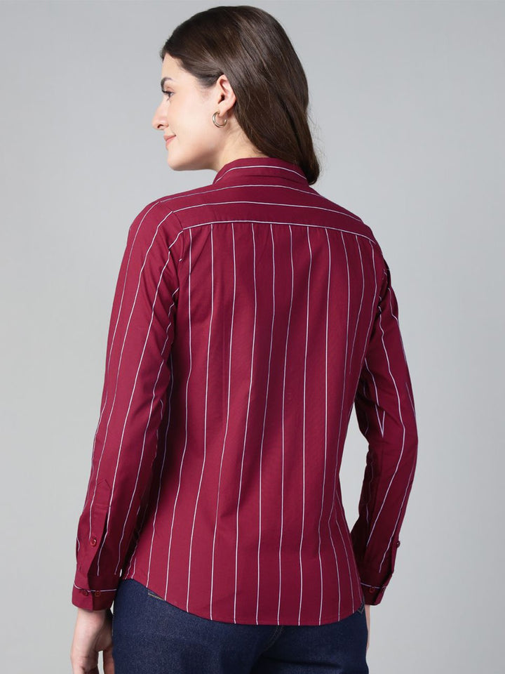 Hancock Women Maroon Stripe Pure Cotton Slim Fit Casual Shirt