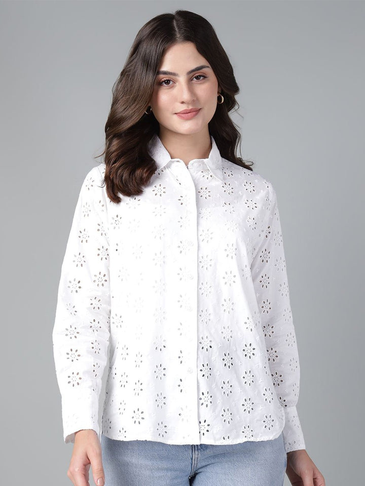 Hancock Women White Solid Schiffli Pure Cotton Relaxed Fit Casual Shirt