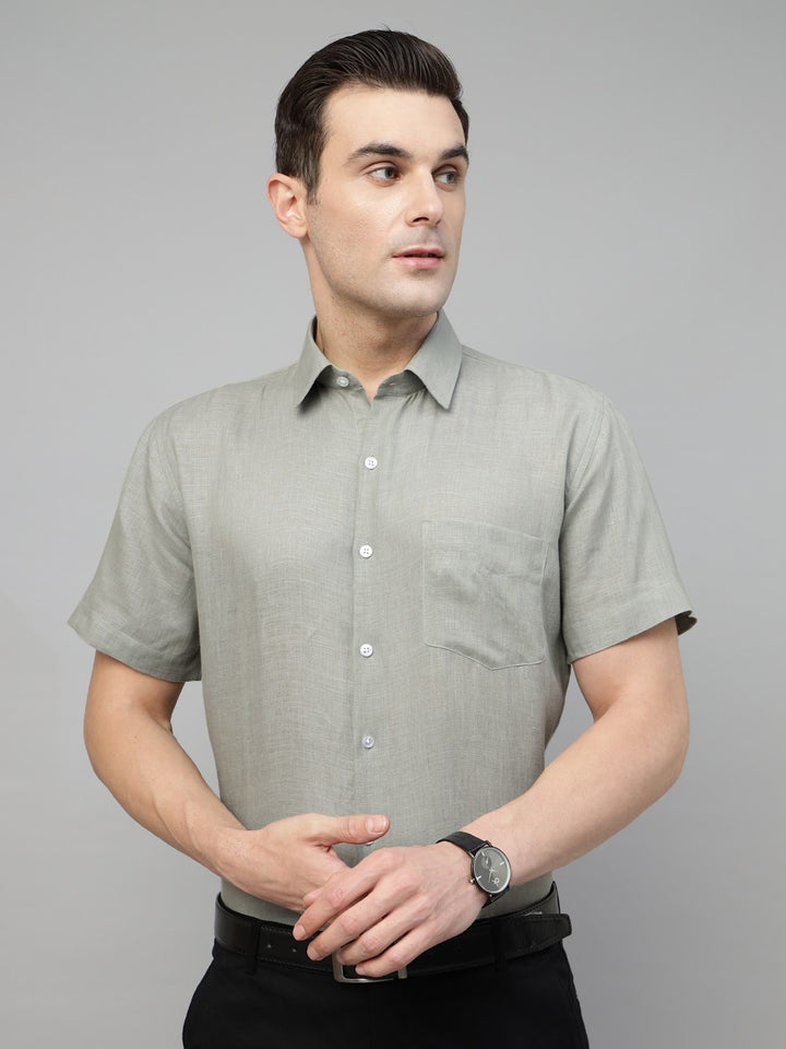  basil green solid pure linen short sleeves shirt 