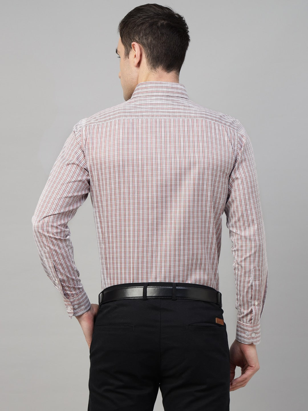 Men Cream & Coral Check Cotton Slim Fit Formal Shirt