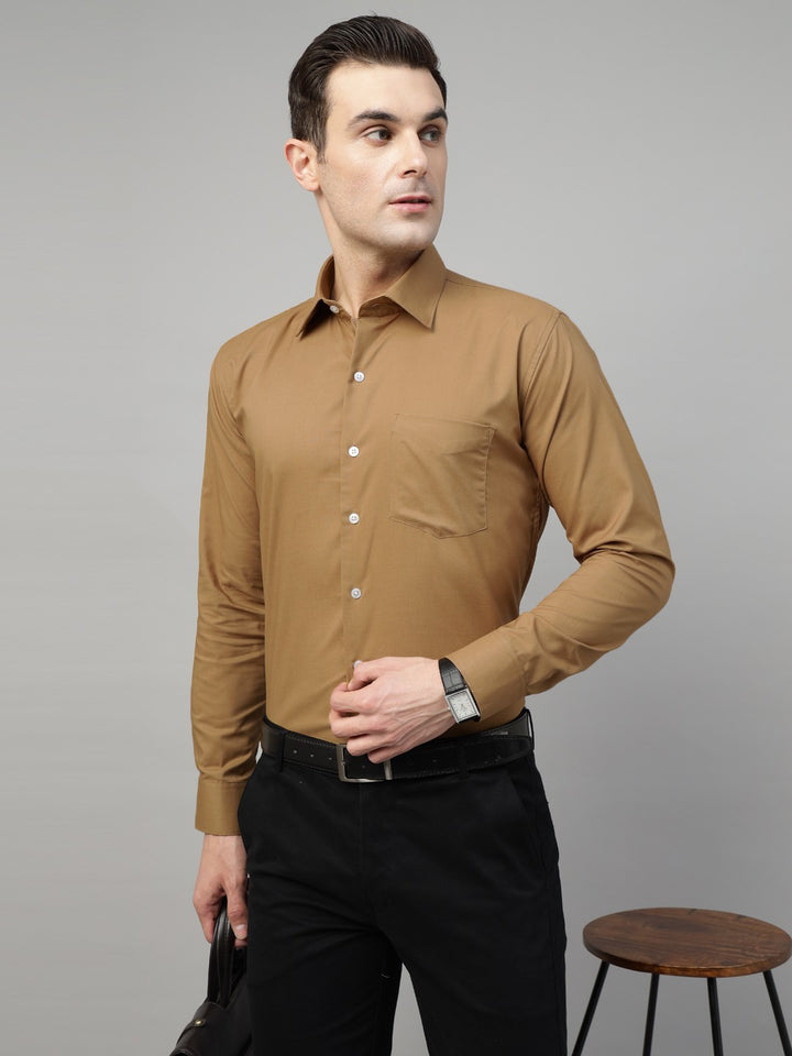 Men Mustard Solid Stretchable Slim Fit Formal Shirt
