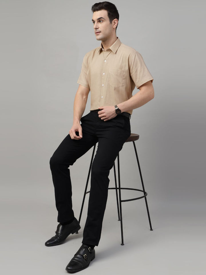 tan solid linen short sleeves shirt