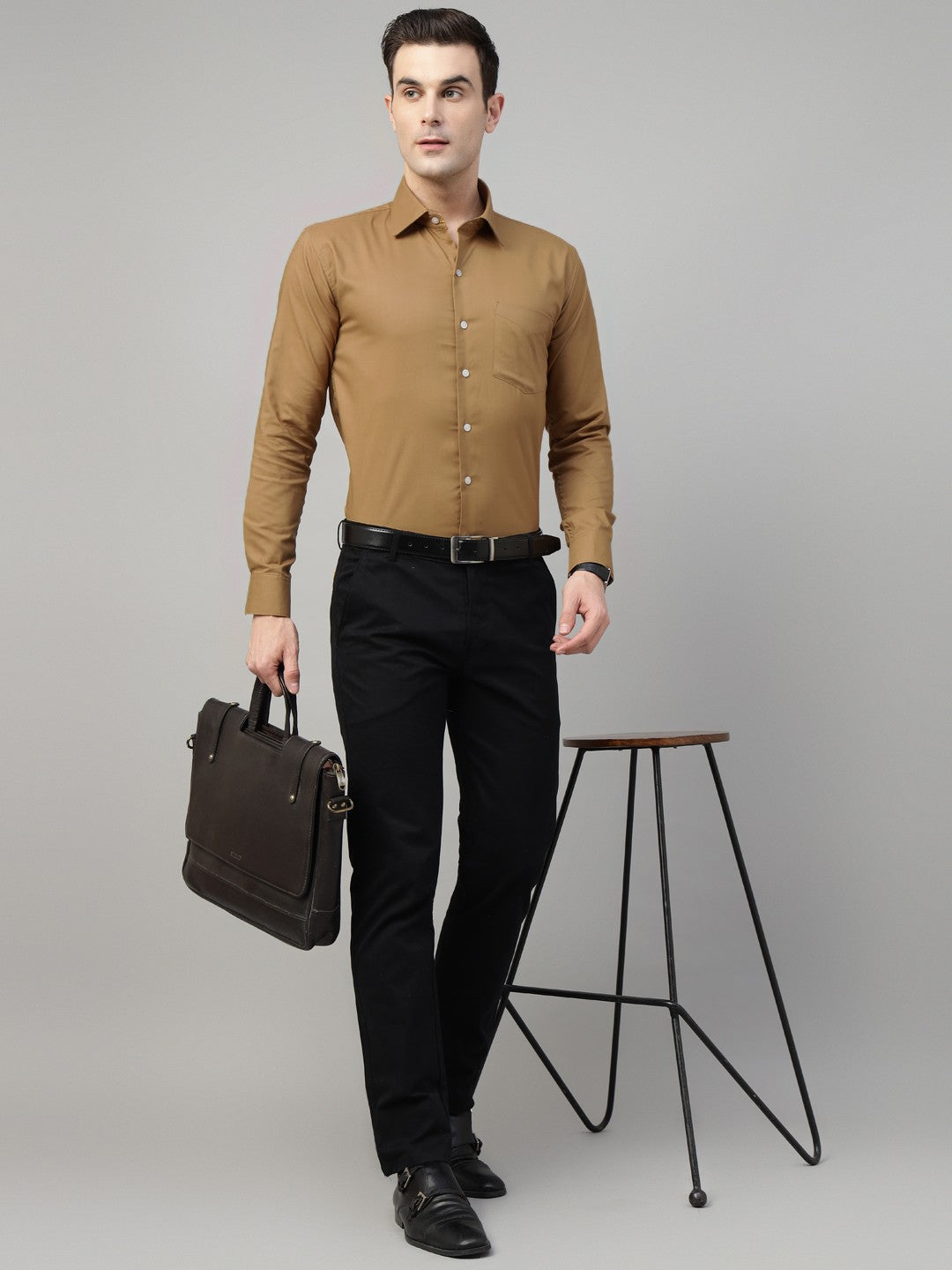 Men Mustard Solid Stretchable Slim Fit Formal Shirt
