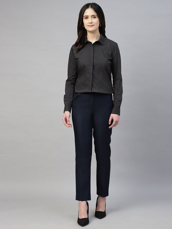 Hancock Women Black Stripe Cotton Elastene Regular Fit Formal Shirt