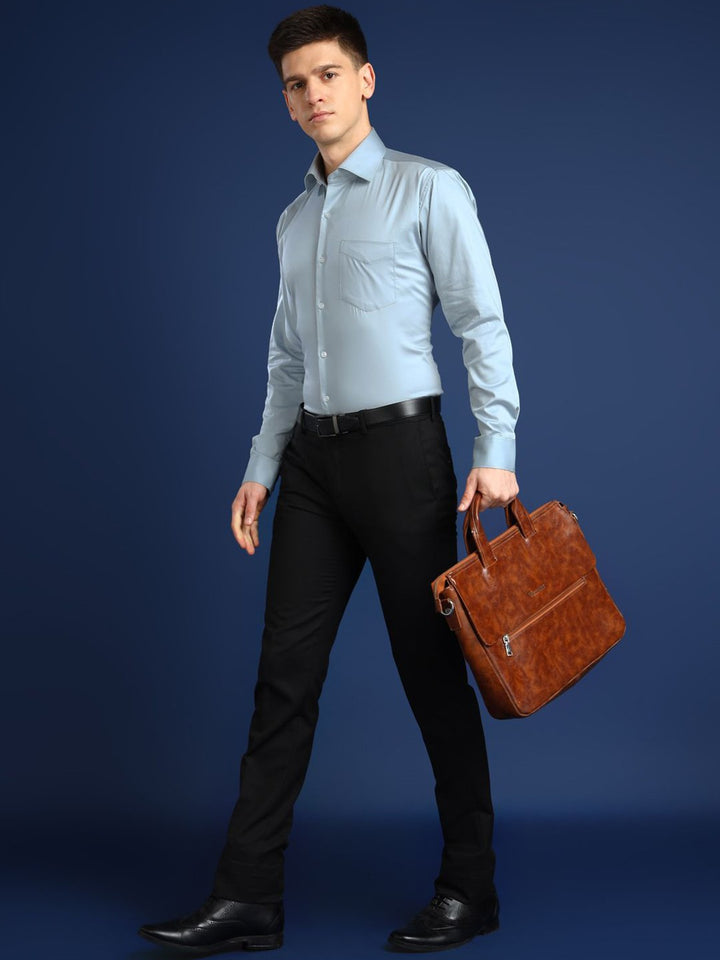 Hancock Men Turquoise Solid Cotton Elastene Slim Fit Party Shirt