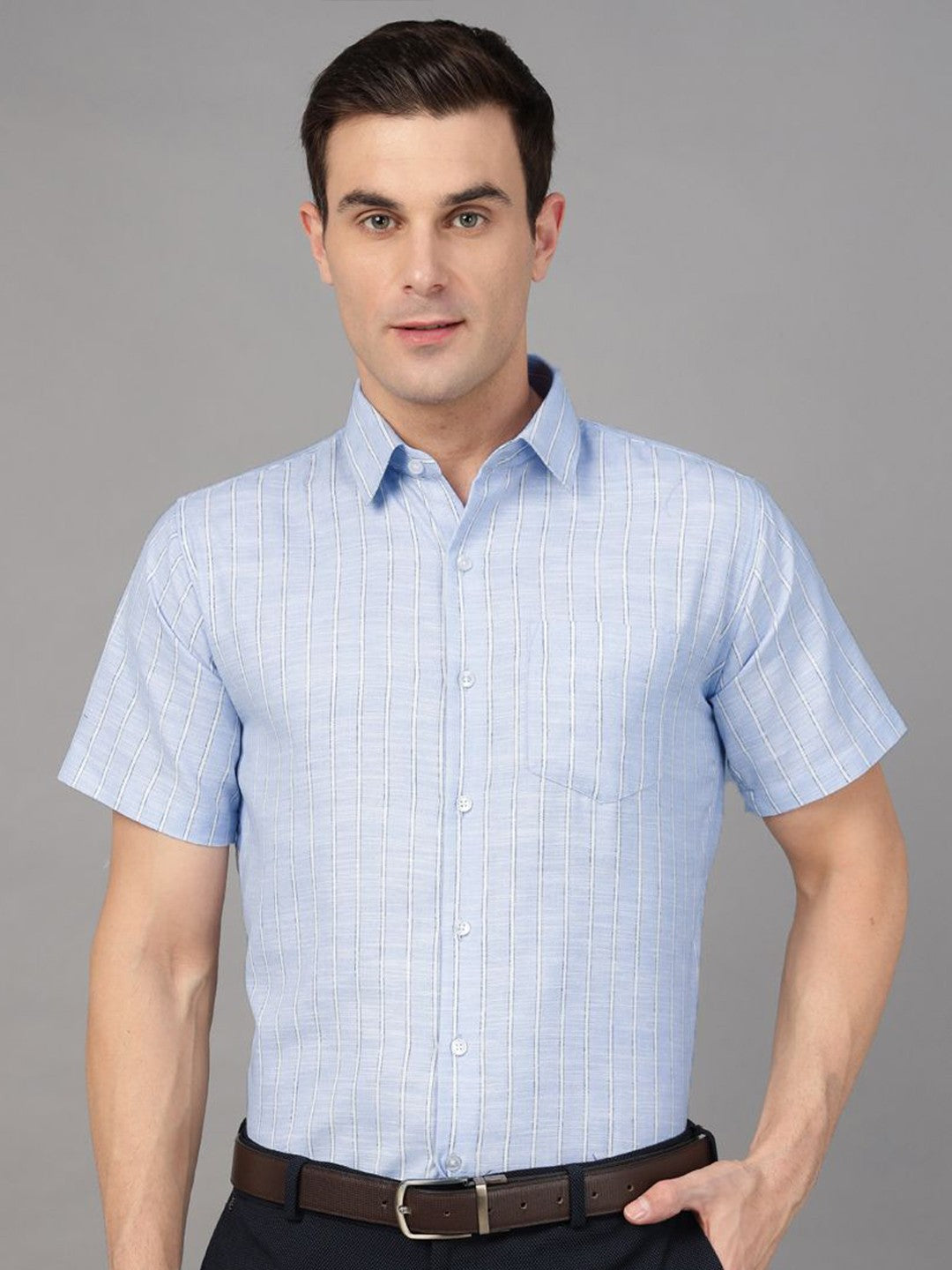 Hancock Men Sky Blue Stripe Pure Cotton Slim Fit Formal Shirt