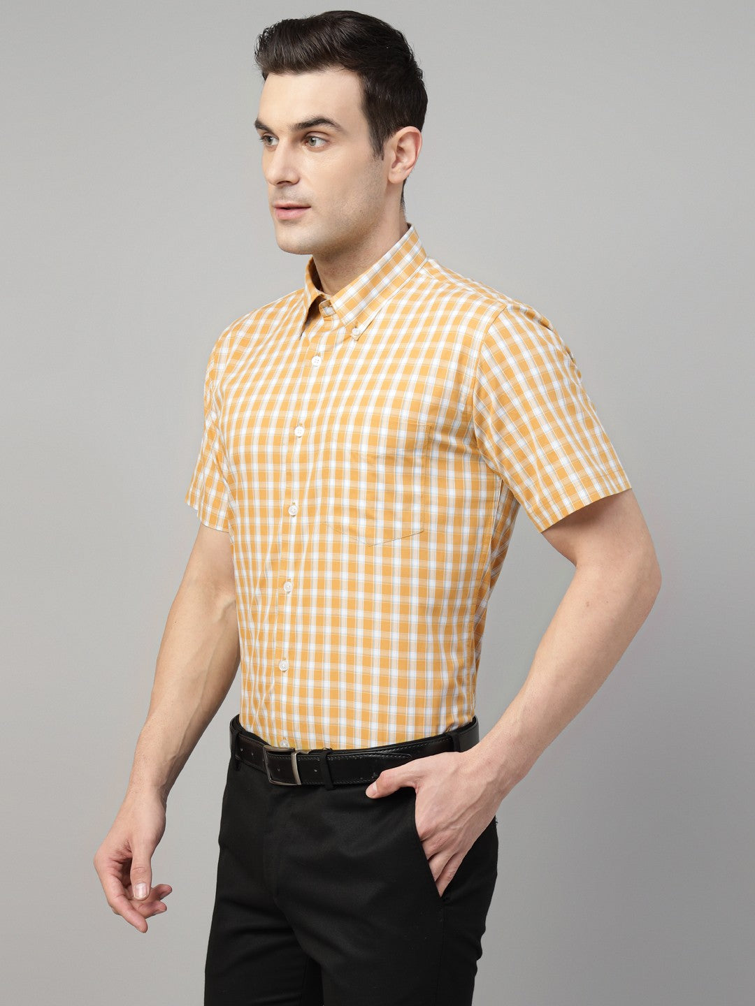 Men Mustard Check Cotton Slim Fit Formal Shirt