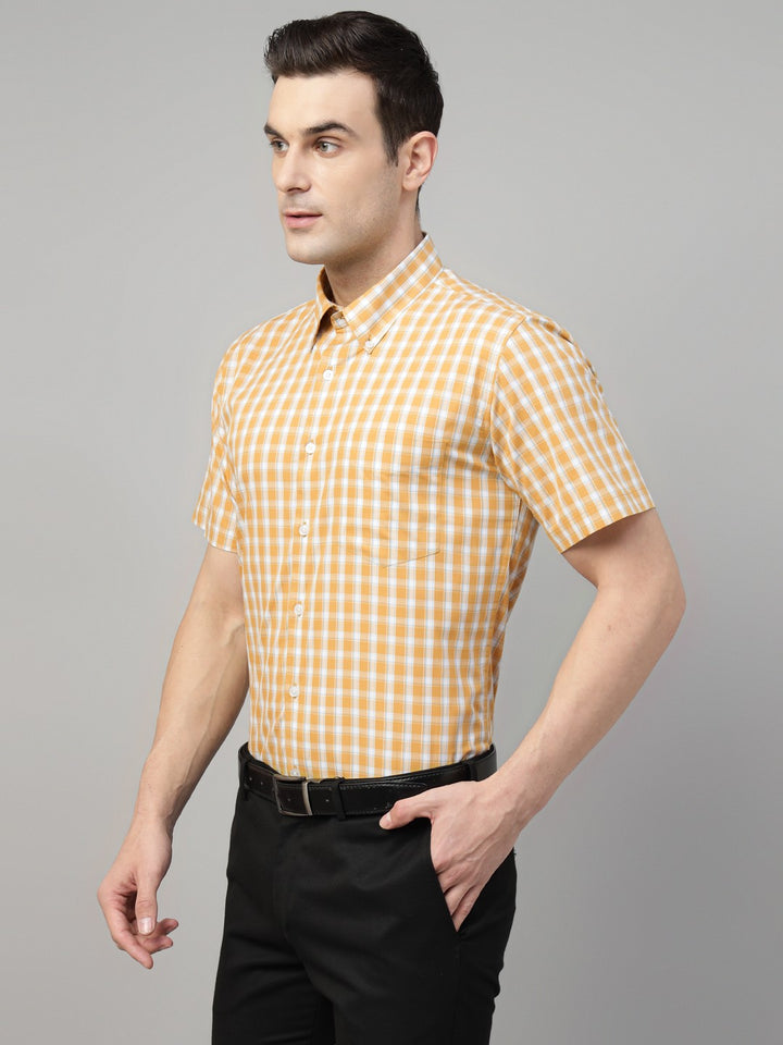 Men Mustard Check Cotton Slim Fit Formal Shirt