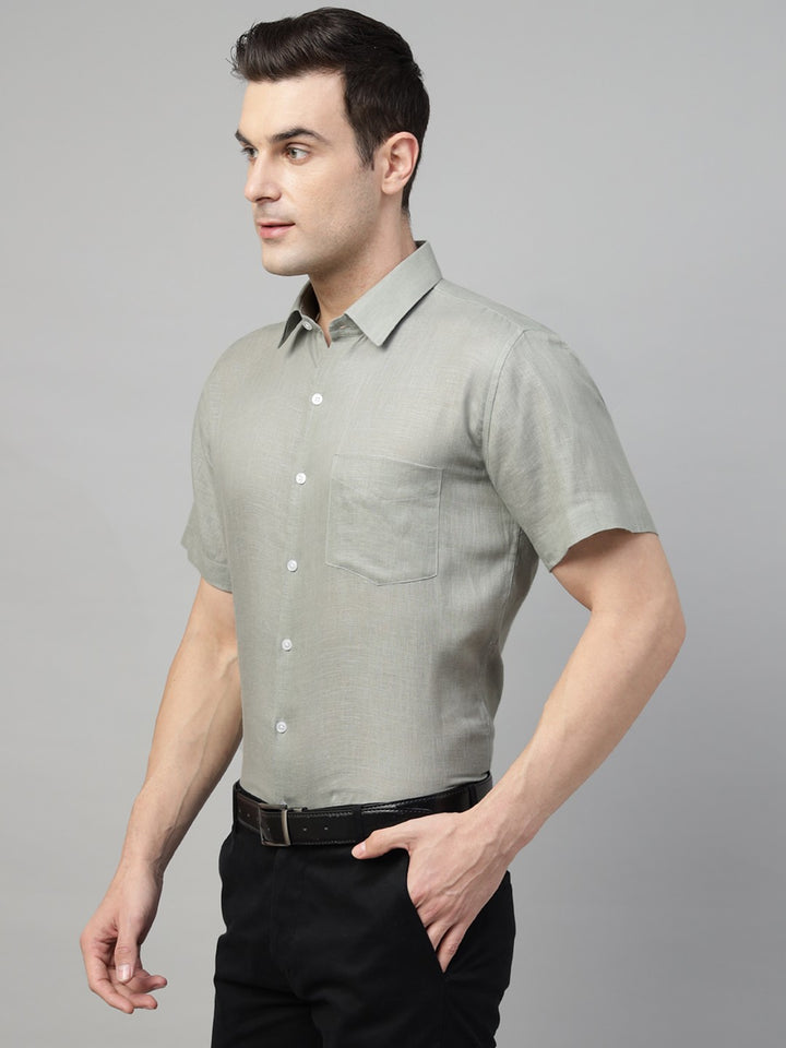 Men Basil Green Solid Pure Linen Slim Fit Formal Shirt