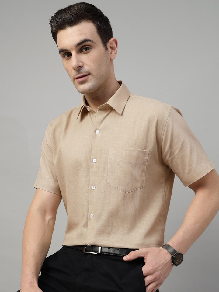 tan solid linen short sleeves shirt
