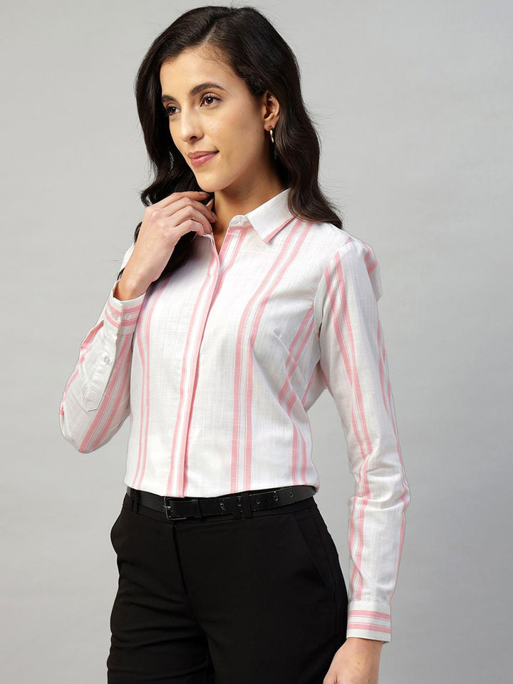Hancock Women White & Pink Striped Pure Cotton Regular Fit Formal Shirt