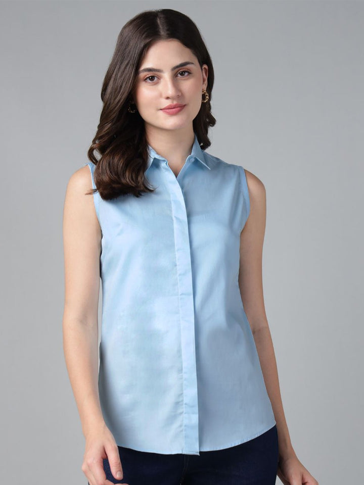 Hancock Women Sky Blue Solid Pure Cotton Sleeveless Slim Fit Formal Shirt