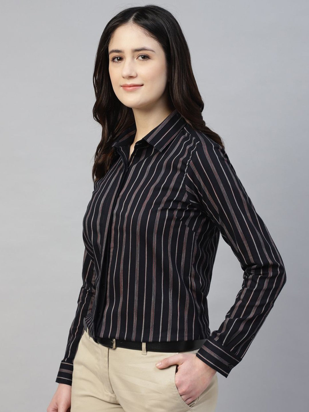 Hancock Women Navy Blue Stripe Pure Cotton Regular Fit Formal Shirt