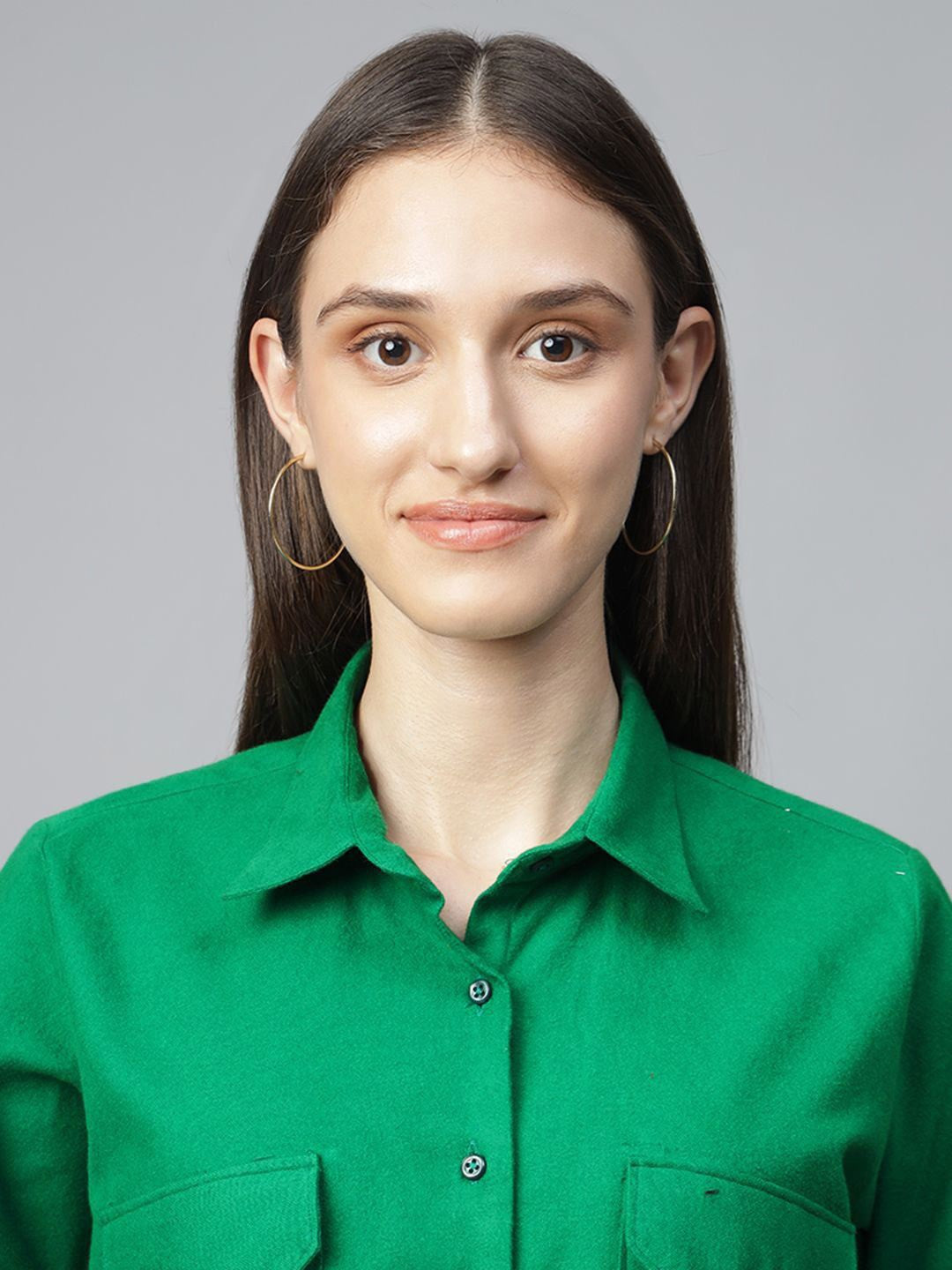 Hancock Women Green Solid Pure Cotton Relaxed Fit Casual Shirt
