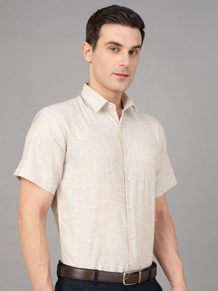 Hancock Men Beige Stripe Pure Cotton Slim Fit Formal Shirt