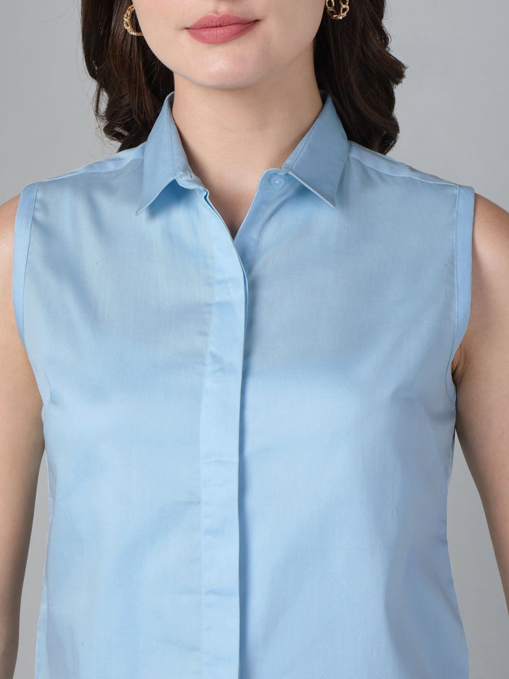 Hancock Women Sky Blue Solid Pure Cotton Sleeveless Slim Fit Formal Shirt