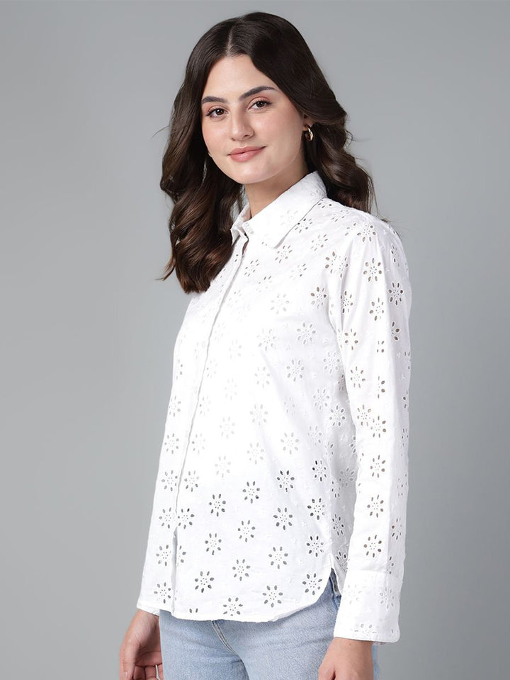 Hancock Women White Solid Schiffli Pure Cotton Relaxed Fit Casual Shirt