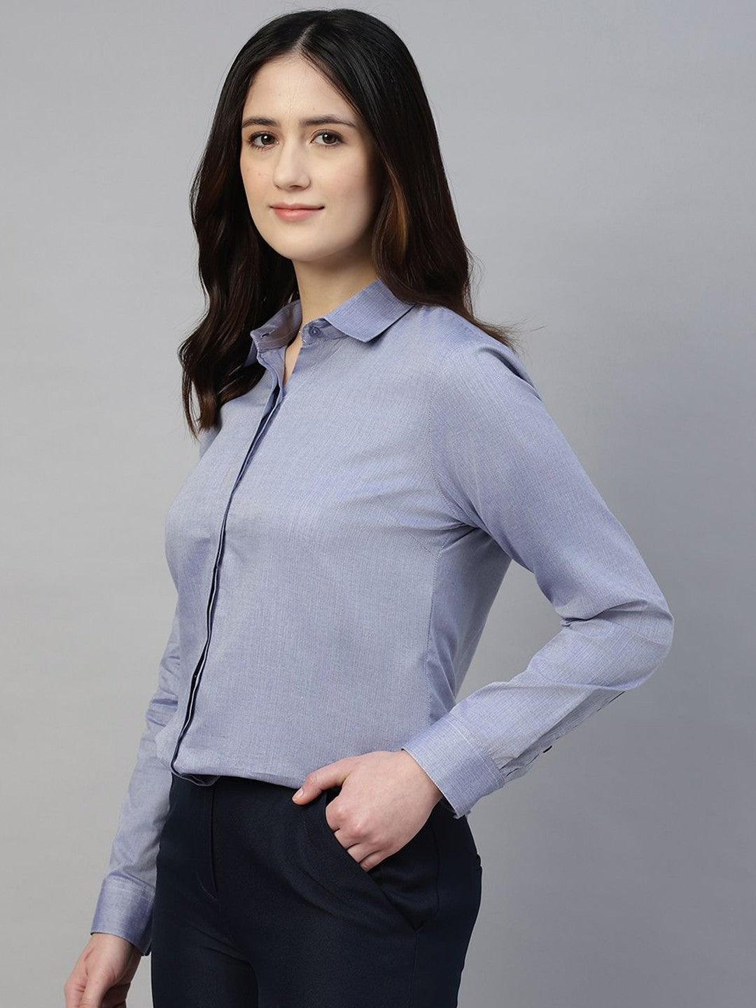 Hancock Women Blue Solid Pure Cotton Regular Fit Formal Shirt