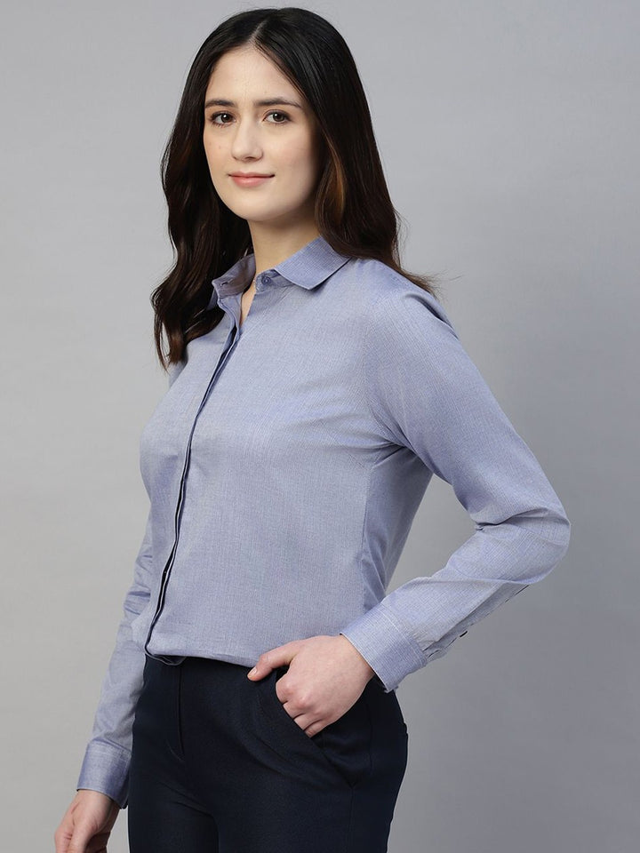 Hancock Women Blue Solid Pure Cotton Regular Fit Formal Shirt