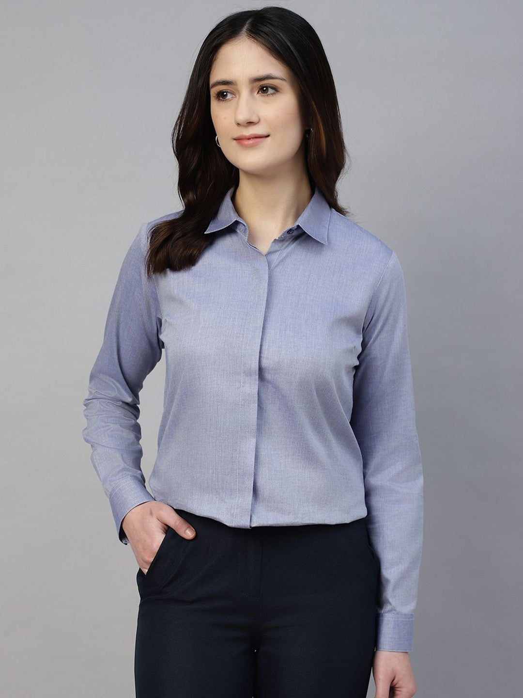 Hancock Women Blue Solid Pure Cotton Regular Fit Formal Shirt