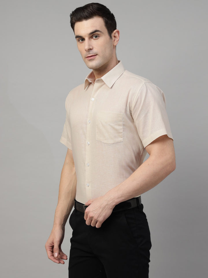 Men Beige Solid Linen & Cotton Blend Slim Fit Formal Shirt