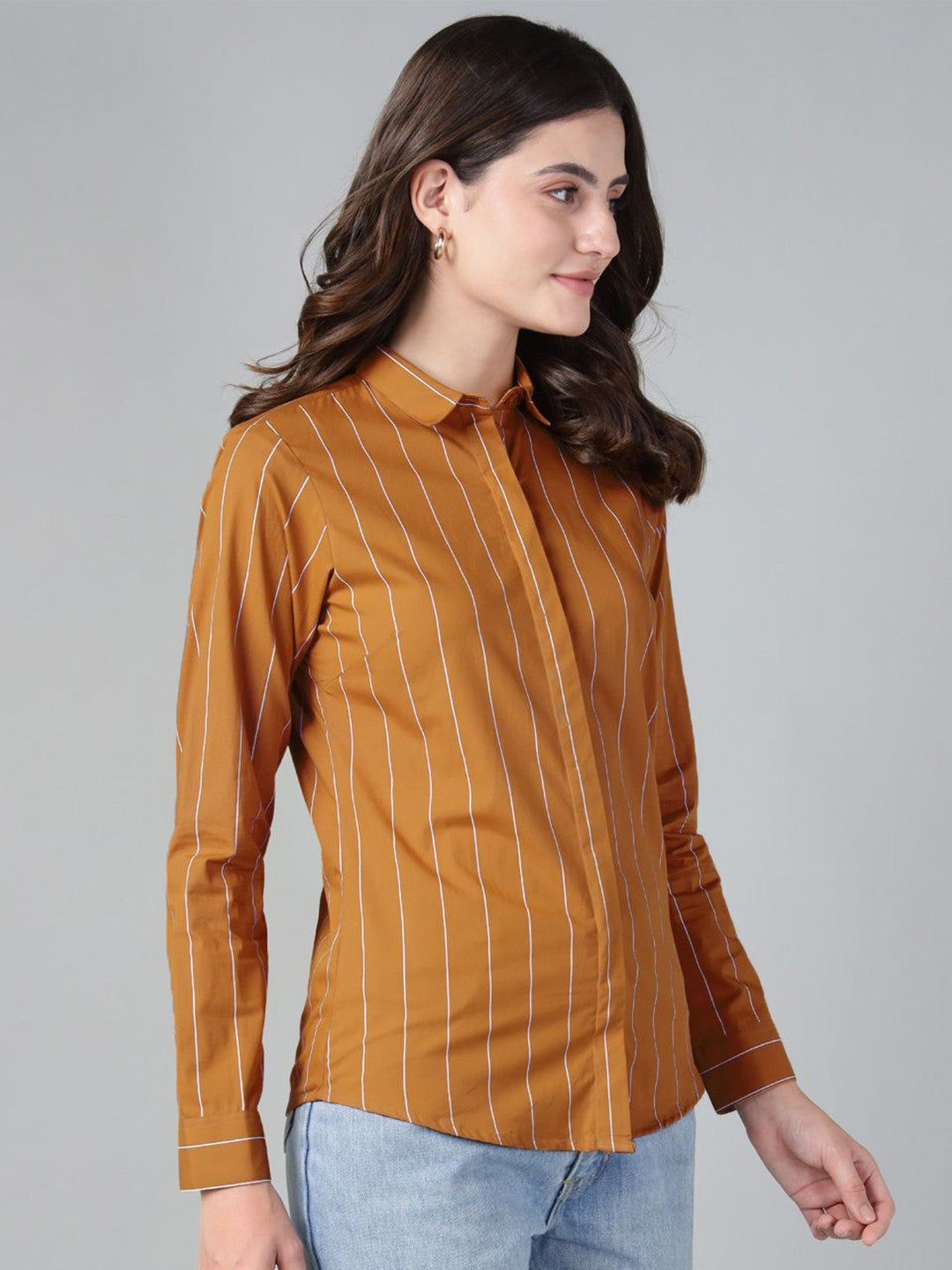 Hancock Women Mustard Stripe Pure Cotton Slim Fit Casual Shirt