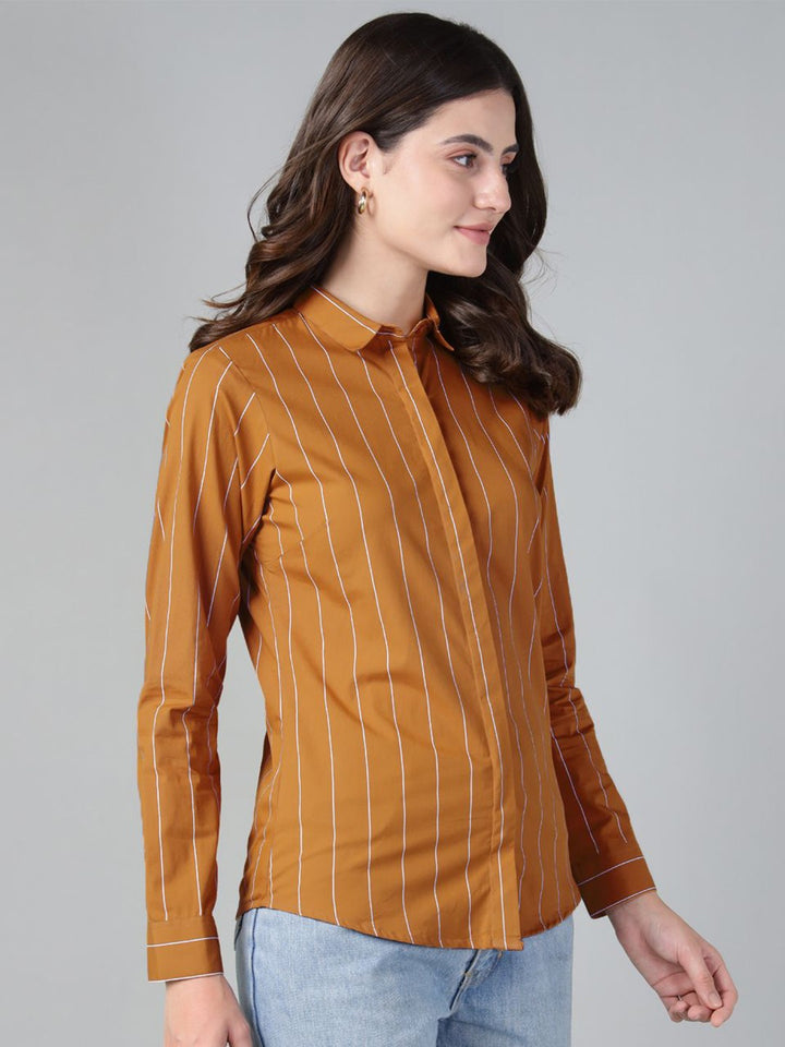 Hancock Women Mustard Stripe Pure Cotton Slim Fit Casual Shirt