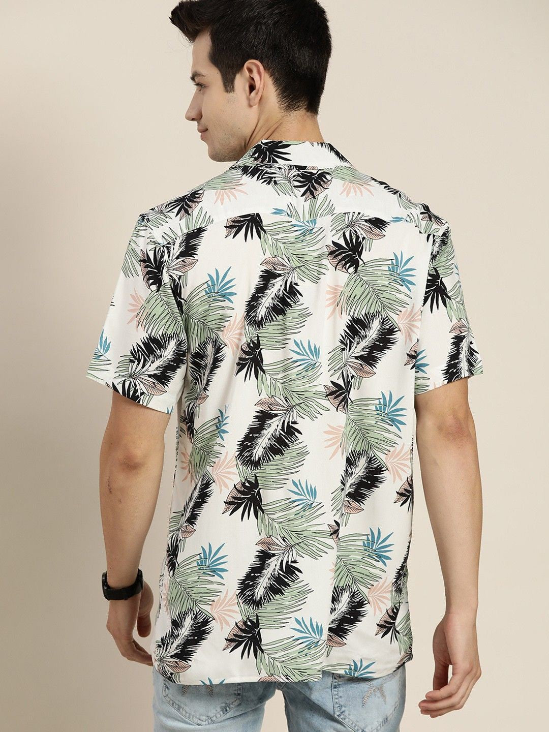 Hancock Men White & Green Prints Viscose Rayon Relaxed Fit Casual Shirt