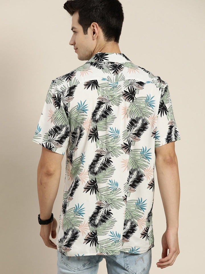 Hancock Men White & Green Prints Viscose Rayon Relaxed Fit Casual Shirt