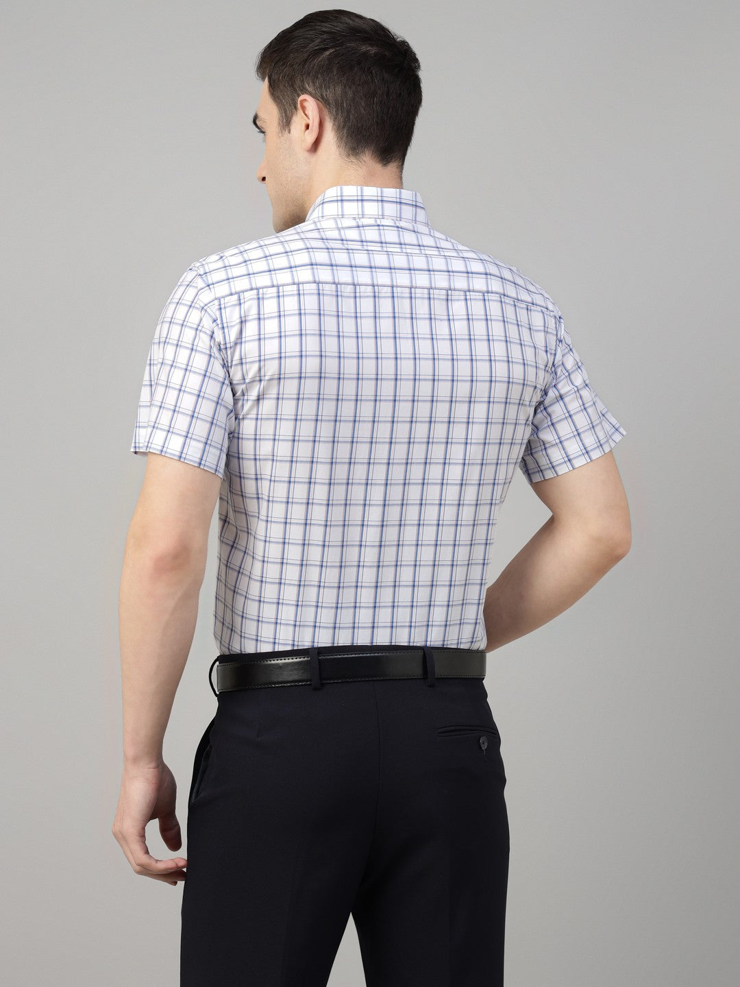 White tartan checked pure cotton button down short sleeves shirt