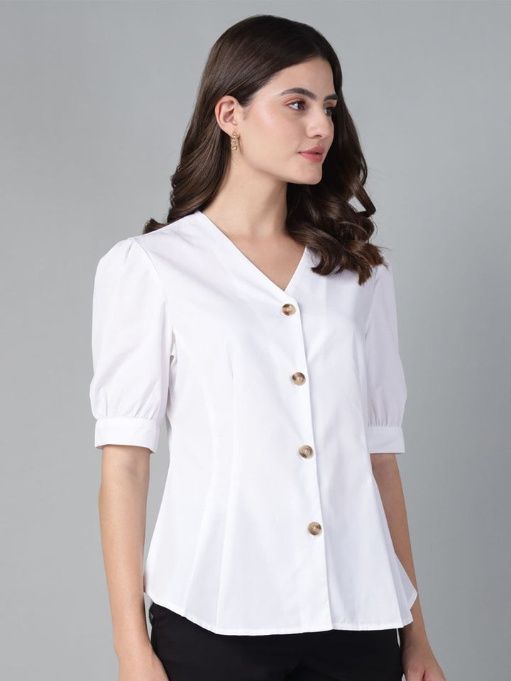 Hancock Women White Solid Pure Cotton V-Neck Pleated Regular Fit Formal Shirt