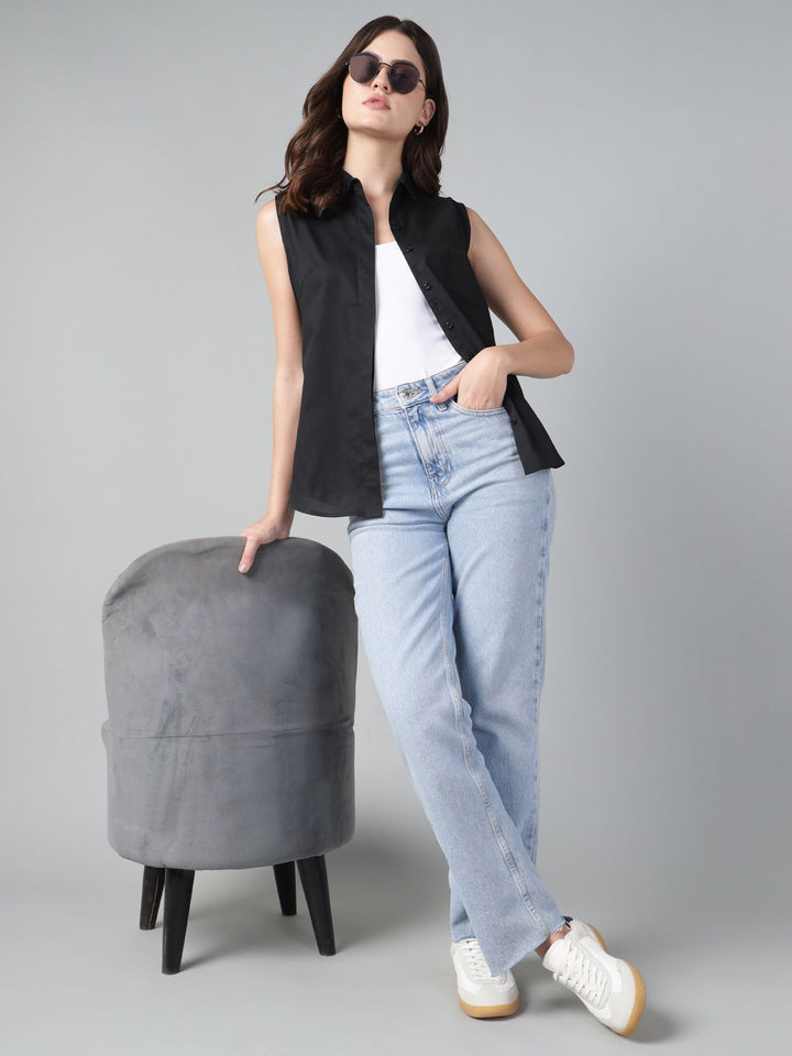 Hancock Women Black Solid Pure Cotton Sleeveless Slim Fit Casual Shirt