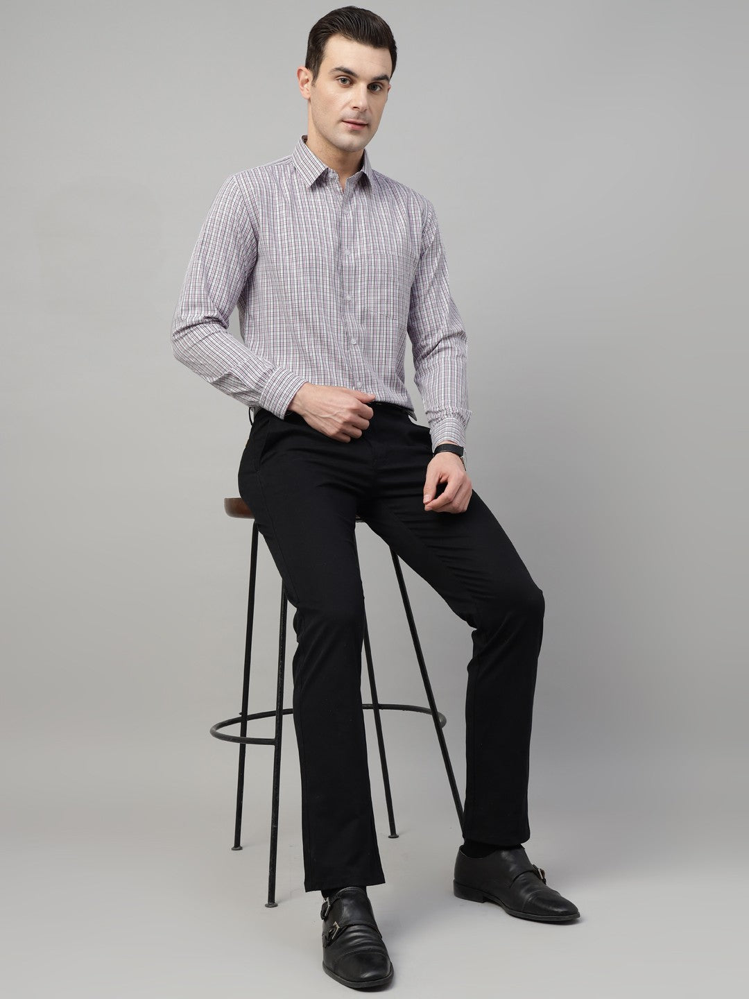 Men Grey & Purple Check Cotton Slim Fit Formal Shirt