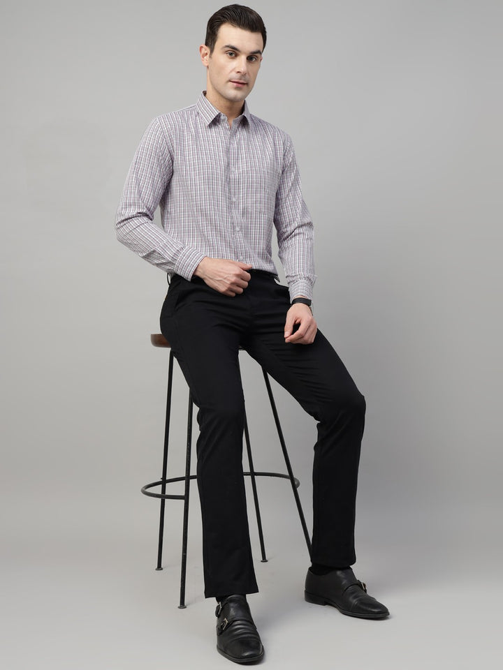 Men Grey & Purple Check Cotton Slim Fit Formal Shirt