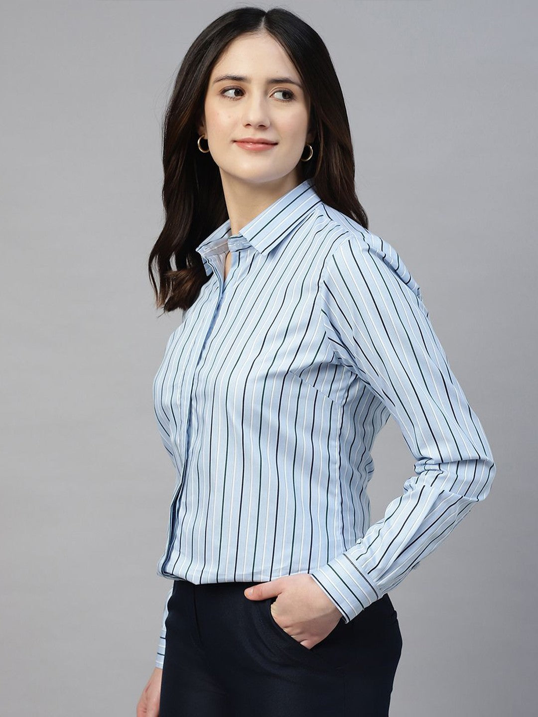Hancock Women Blue Stripe Pure Cotton Regular Fit Formal Shirt